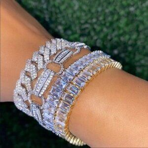 NEW Set of TWO SILVER Chain Clear Baguette Cut Crystals Dainty Bracelets